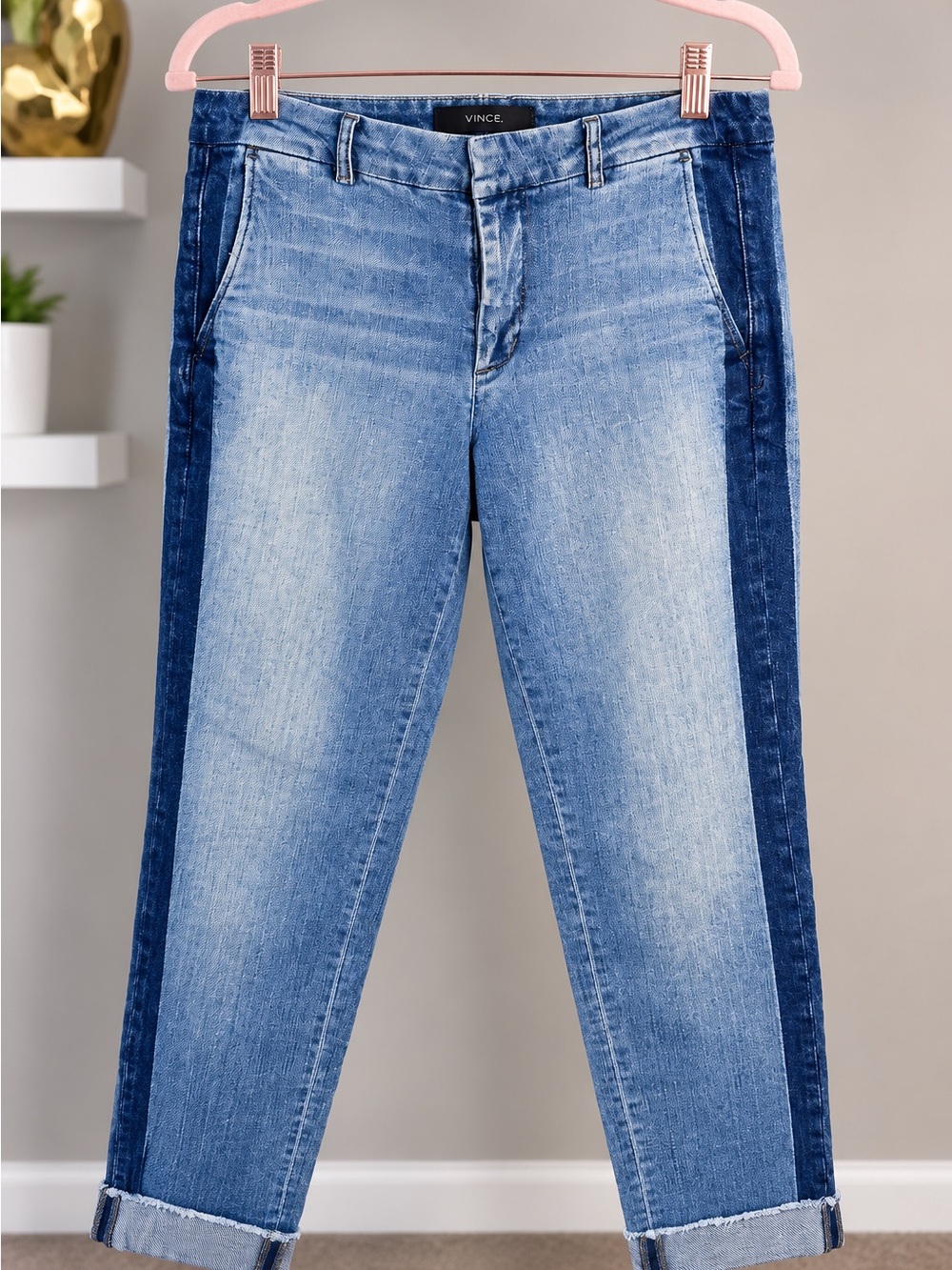Vince Two Tone Side Stripe Cropped Jeans Stretch Denim Cuffed Ankle
